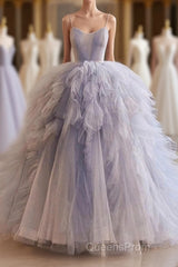 Blue Tulle Long Evening Prom Gown, Blue Tulle Long Sweet 16 Dress