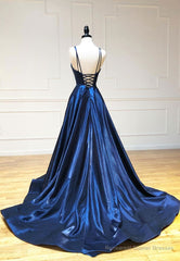 Simple Satin Long Prom Dresses, A Line Blue Evening Dresses