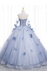 Blue Long Sleeves Tulle Evening Prom Dress with Flowers, Puffy Off the Shoulder Quinceanera Dress