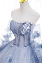 Blue Long Sleeves Tulle Evening Prom Dress with Flowers, Puffy Off the Shoulder Quinceanera Dress