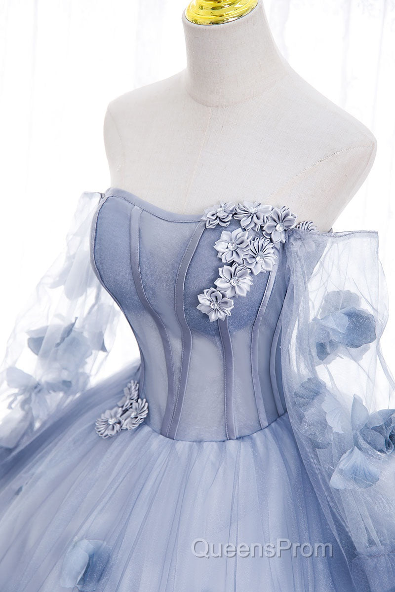 Blue Long Sleeves Tulle Evening Prom Dress with Flowers, Puffy Off the Shoulder Quinceanera Dress