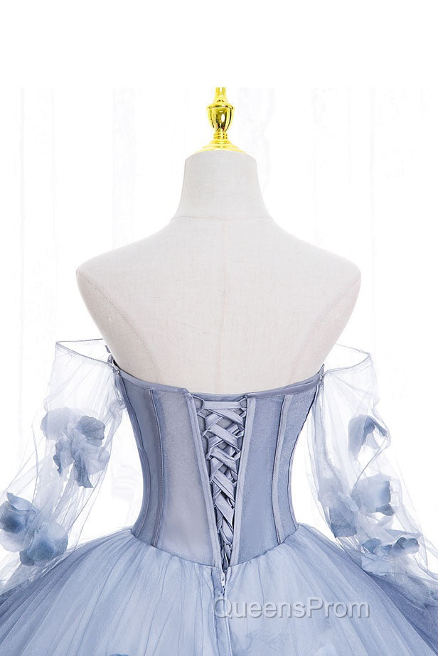 Blue Long Sleeves Tulle Evening Prom Dress with Flowers, Puffy Off the Shoulder Quinceanera Dress