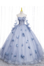 Blue Long Sleeves Tulle Evening Prom Dress with Flowers, Puffy Off the Shoulder Quinceanera Dress