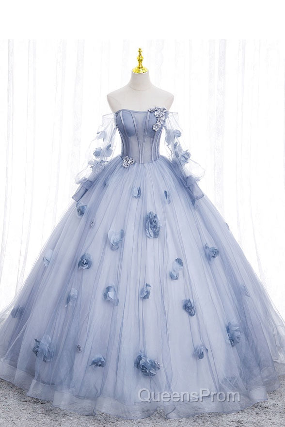Blue Long Sleeves Tulle Evening Prom Dress with Flowers, Puffy Off the Shoulder Quinceanera Dress