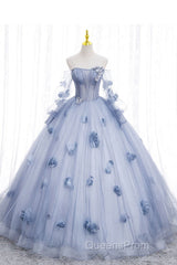 Blue Long Sleeves Tulle Evening Prom Dress with Flowers, Puffy Off the Shoulder Quinceanera Dress