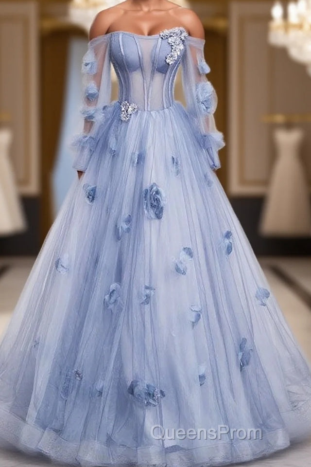 Blue Long Sleeves Tulle Evening Prom Dress with Flowers, Puffy Off the Shoulder Quinceanera Dress Main image