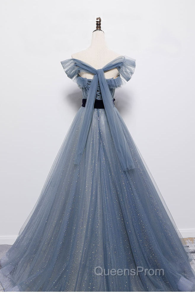 Blue Off the Shoulder Tulle Long Evening Prom Dress with Sash, Sparkly Formal Gown Secondary image