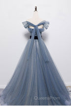 Blue Off the Shoulder Tulle Long Evening Prom Dress with Sash, Sparkly Formal Gown