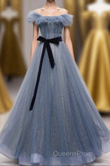 Blue Off the Shoulder Tulle Long Evening Prom Dress with Sash, Sparkly Formal Gown