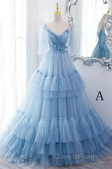 A Line V Neck New Style Tiered Long Tulle Evening Prom Dress, Evening Gown with Flower