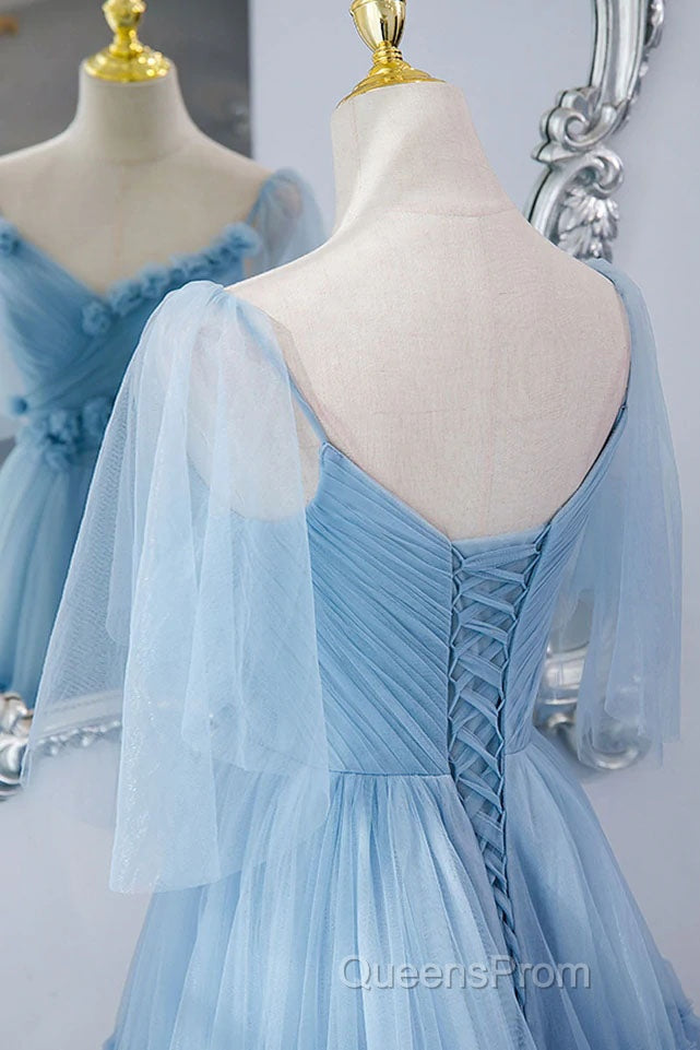 A Line V Neck New Style Tiered Long Tulle Evening Prom Dress, Evening Gown with Flower