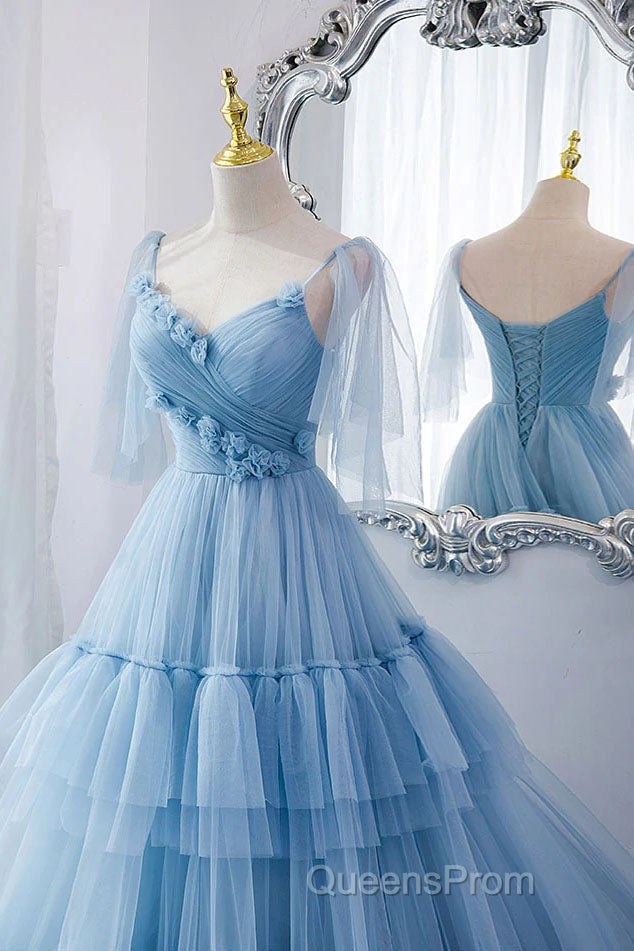 A Line V Neck New Style Tiered Long Tulle Evening Prom Dress, Evening Gown with Flower