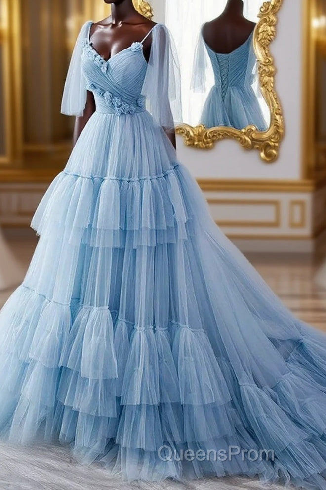 A Line V Neck New Style Tiered Long Tulle Evening Prom Dress, Evening Gown with Flower Main image