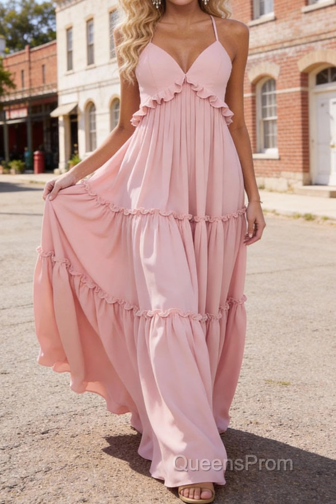 Blush A-line V Neck Sleeveless Floor-Length Chiffon Prom Dress Long Prom Dresses Backless with Pleated Ruffles