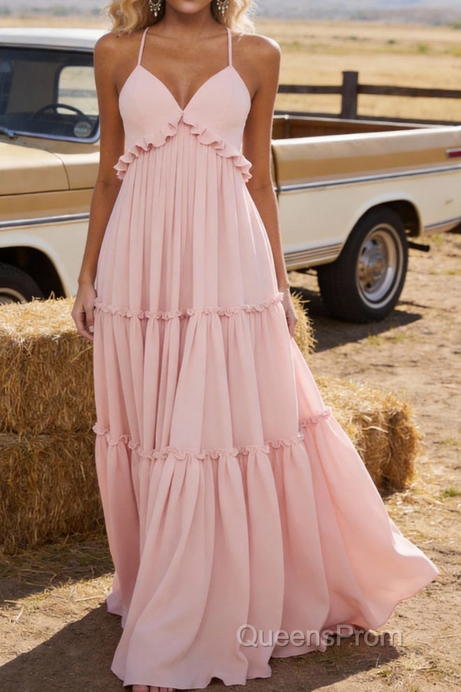 Blush A-line V Neck Sleeveless Floor-Length Chiffon Prom Dress Long Prom Dresses Backless with Pleated Ruffles