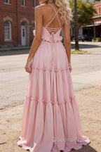 Blush A-line V Neck Sleeveless Floor-Length Chiffon Prom Dress Long Prom Dresses Backless with Pleated Ruffles