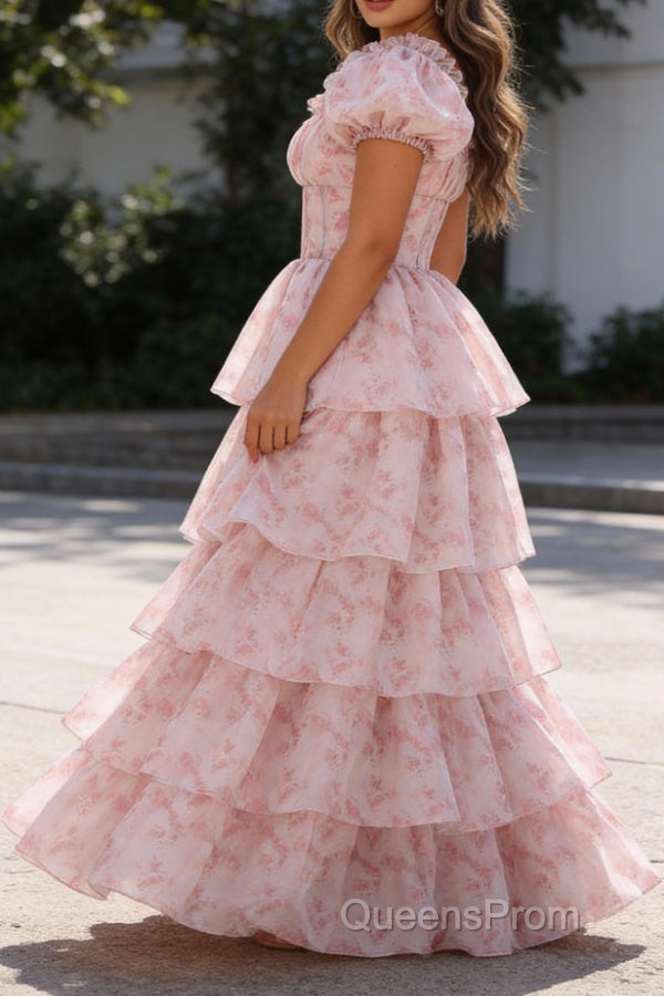 Blush Pink A Line Square Neck Tiered Prom Dress with Ruffles Secondary image