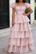 Blush Pink A Line Square Neck Tiered Prom Dress with Ruffles