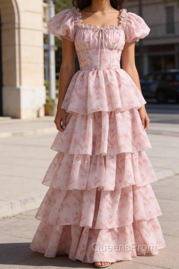 Blush Pink A Line Square Neck Tiered Prom Dress with Ruffles