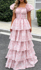 Blush Pink A Line Square Neck Tiered Prom Dress with Ruffles