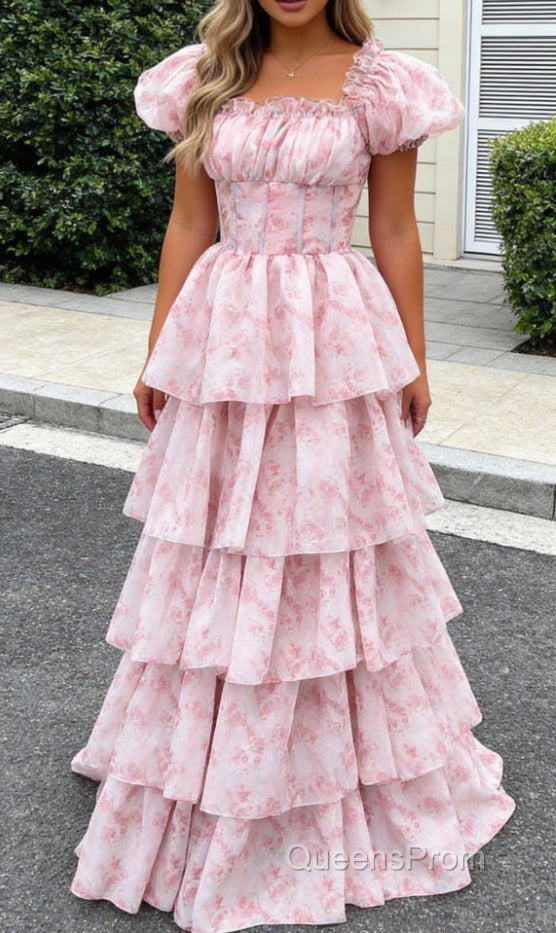 Blush Pink A Line Square Neck Tiered Prom Dress with Ruffles