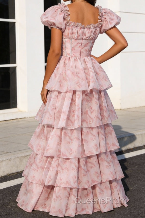 Blush Pink A Line Square Neck Tiered Prom Dress With Slit