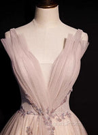 Blush Pink A-Line V-Neck Glitter Tulle With Beaded Long Evening Prom Dress Adult Ceremony Evening Dress
