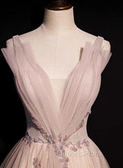 Blush Pink A-Line V-Neck Glitter Tulle With Beaded Long Evening Prom Dress Adult Ceremony Evening Dress
