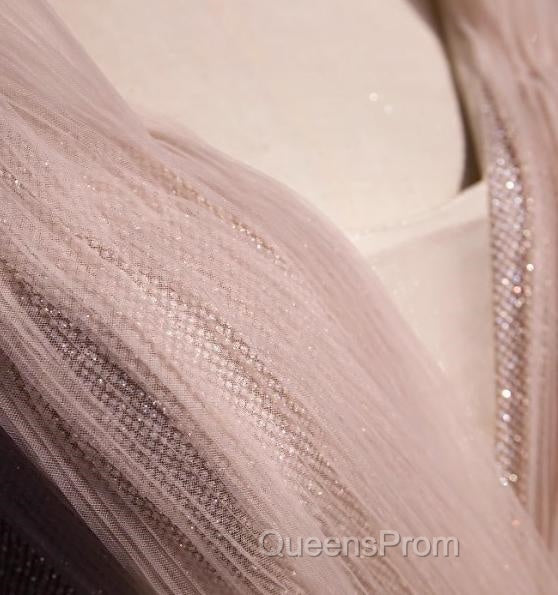 Blush Pink A-Line V-Neck Glitter Tulle With Beaded Long Evening Prom Dress Adult Ceremony Evening Dress