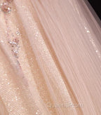 Blush Pink A-Line V-Neck Glitter Tulle With Beaded Long Evening Prom Dress Adult Ceremony Evening Dress