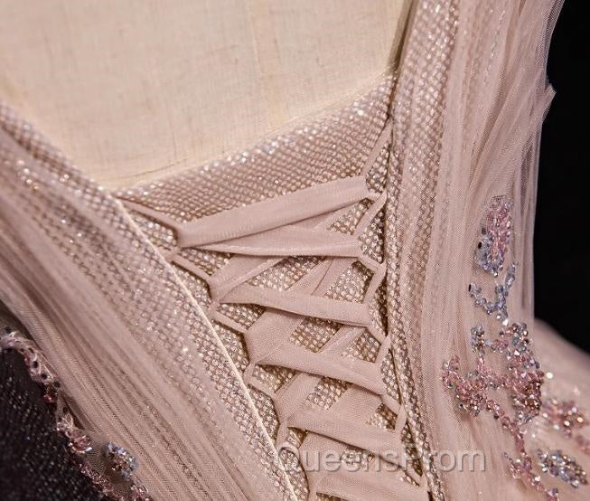 Blush Pink A-Line V-Neck Glitter Tulle With Beaded Long Evening Prom Dress Adult Ceremony Evening Dress