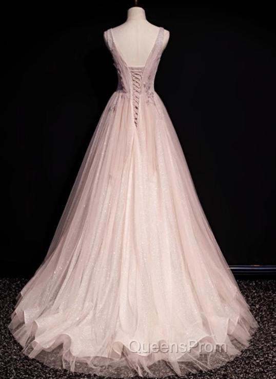 Blush Pink A-Line V-Neck Glitter Tulle With Beaded Long Evening Prom Dress Adult Ceremony Evening Dress