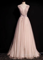 Blush Pink A-Line V-Neck Glitter Tulle With Beaded Long Evening Prom Dress Adult Ceremony Evening Dress