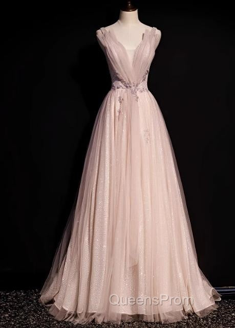 Blush Pink A-Line V-Neck Glitter Tulle With Beaded Long Evening Prom Dress Adult Ceremony Evening Dress