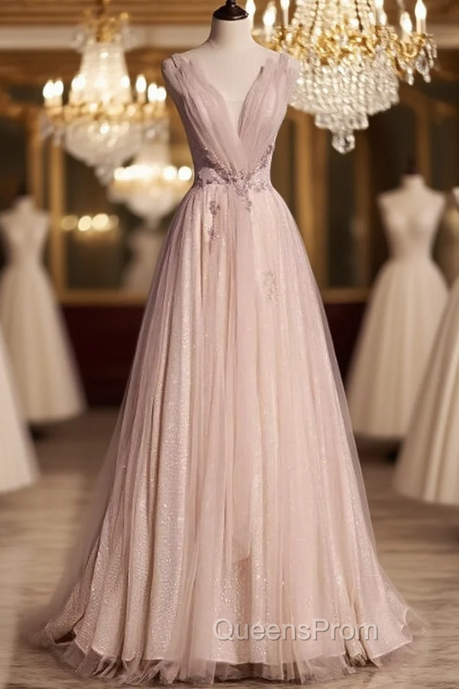 Blush Pink A-Line V-Neck Glitter Tulle With Beaded Long Evening Prom Dress Adult Ceremony Evening Dress