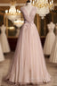 Blush Pink A-Line V-Neck Glitter Tulle With Beaded Long Evening Prom Dress Adult Ceremony Evening Dress