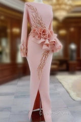 Blush Pink Aso Ebi Evening Dress Long Sleeves Peplum Beads Appliques Pearls Side Split Mermaid Evening Prom Dress