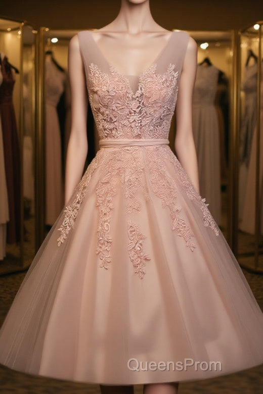 Blush Pink Lace Appliqued Tulle Homecoming Dress,Formal Dress Main image