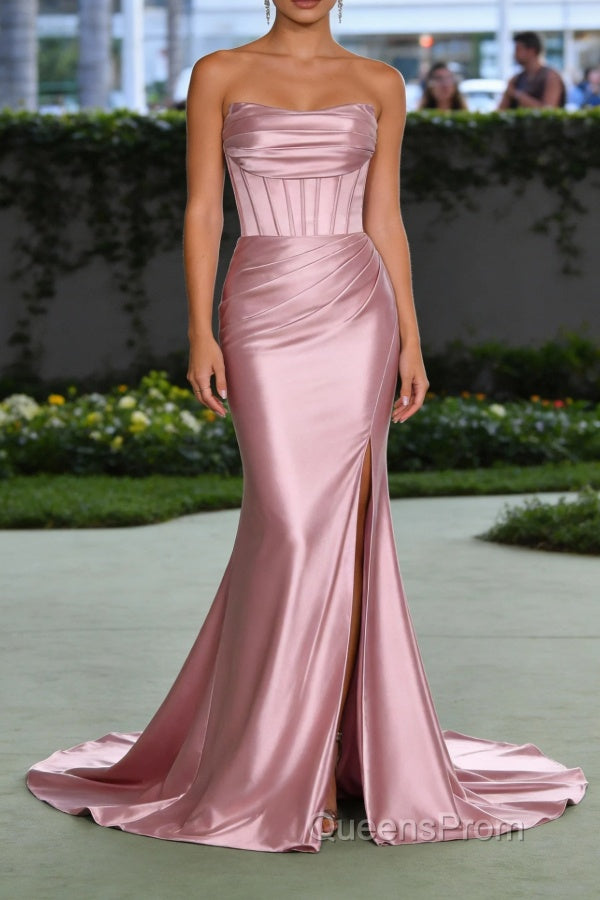 Blush Pink Mermaid Strapless Pleated Corset Long Prom Dress with Slit Main image