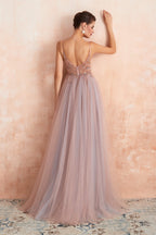 Spaghetti Straps V-neck Sheer Top Tulle Long Prom Dresses with Side Slit