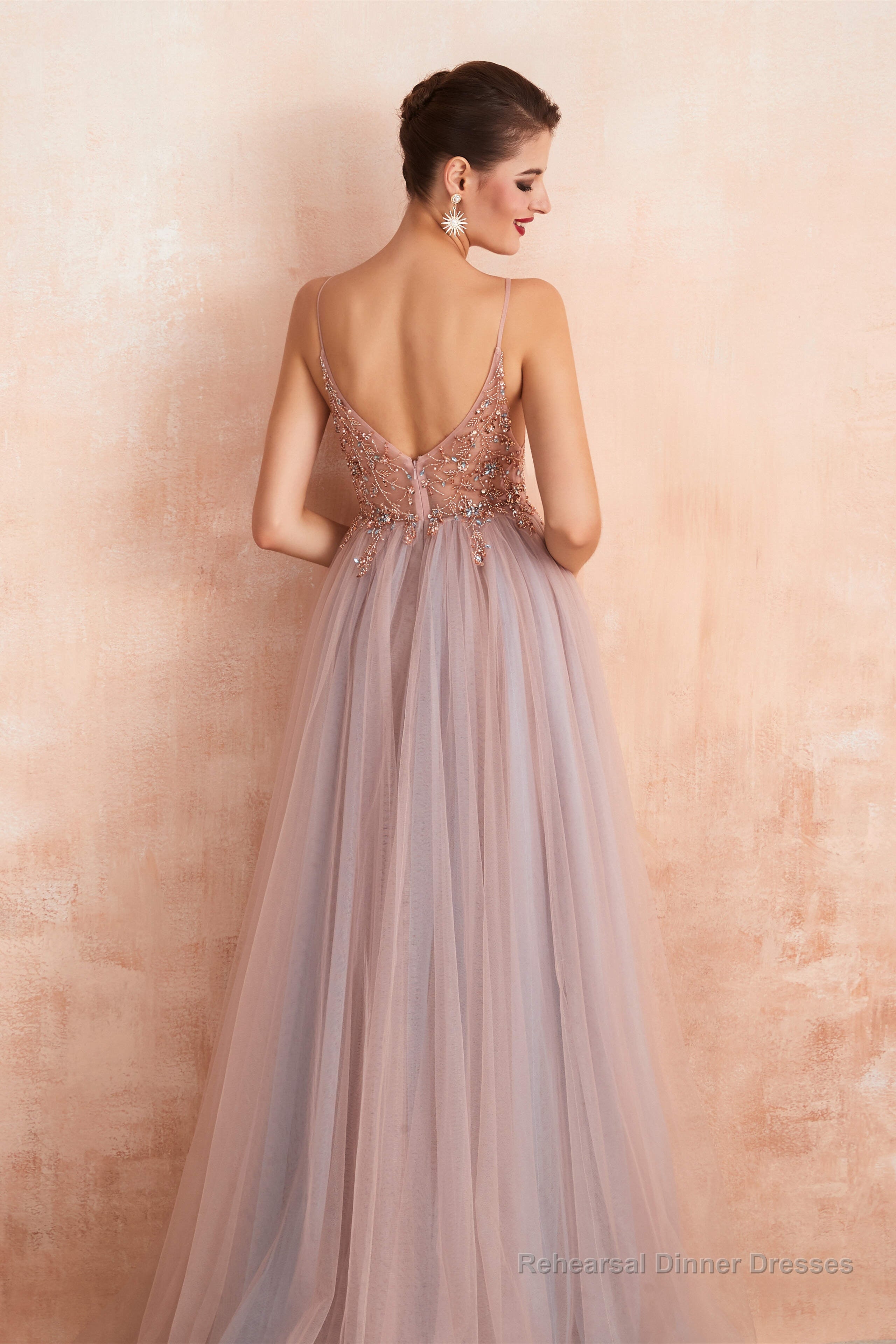Spaghetti Straps V-neck Sheer Top Tulle Long Prom Dresses with Side Slit