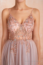 Spaghetti Straps V-neck Sheer Top Tulle Long Prom Dresses with Side Slit