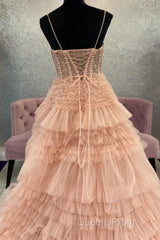 Blushing Pink Tulle Ruffle Layers Lace-Up Back A-Line Evening Prom Dress