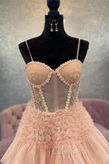 Blushing Pink Tulle Ruffle Layers Lace-Up Back A-Line Evening Prom Dress