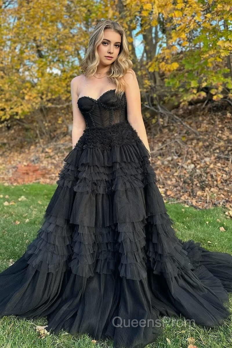 Blushing Pink Tulle Ruffle Layers Lace-Up Back A-Line Evening Prom Dress