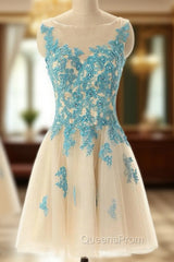Boat Neck Champagne Tulle Evening Prom Party Dress with Blue Lace