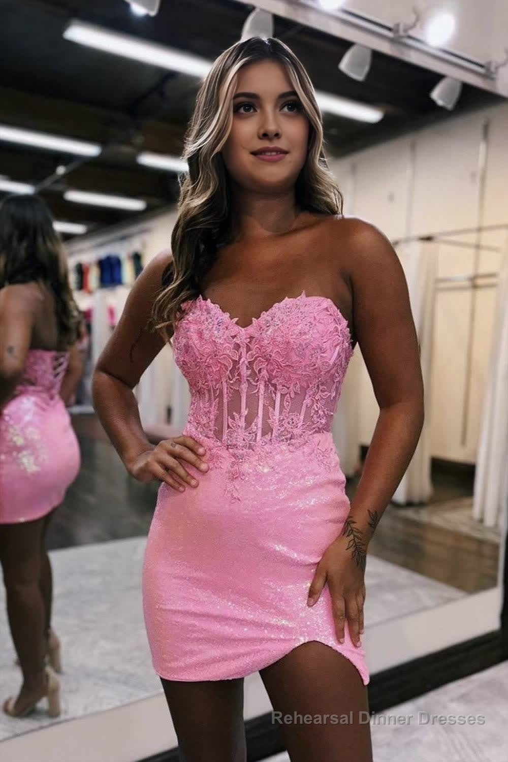 Bodycon Sparkly Sequin Strapless Short Homecoming Dress with Split Main image