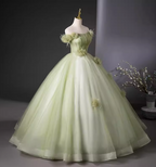 Bohemian Green Strapless Feather Floral Tulle Ball Gown Prom Dress Sweet 16 Dress