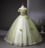 Bohemian Green Strapless Feather Floral Tulle Ball Gown Prom Dress Sweet 16 Dress