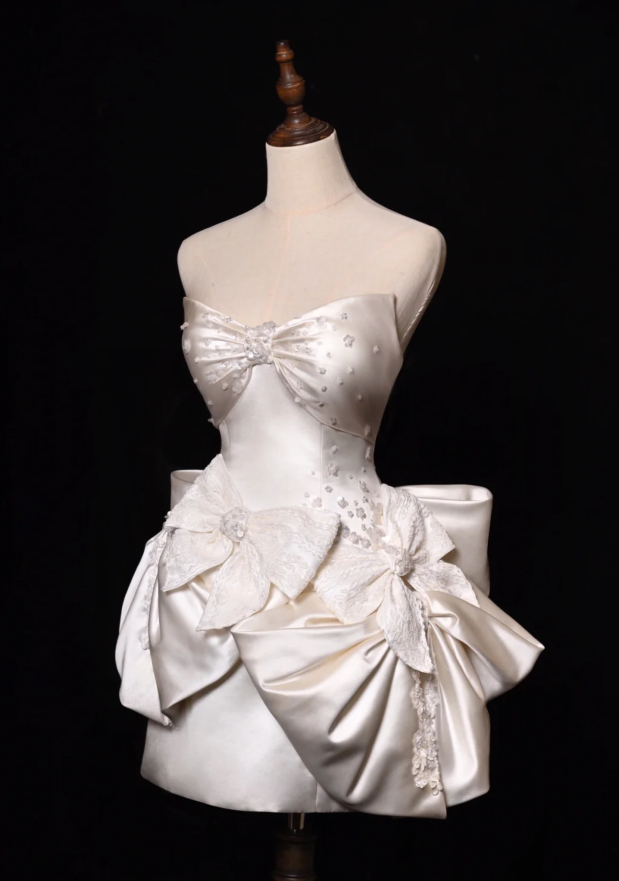 Bow Ivory A Line Sweetheart Neck Lace Satin Mini Homecoming Dress Cocktail Dress Secondary image
